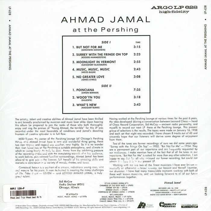 Ahmad Jamal Trio – Ahmad Jamal At The Pershing (Mono, 180g, QRP, Analogue Productions) LP vinyl record, image 2 of 2