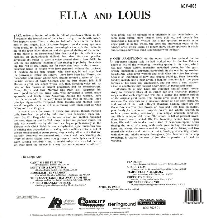 Ella Fitzgerald, Louis Armstrong – Ella And Louis (2xLP, 45RPM, 200g, Analogue Productions) LP vinyl record, image 2 of 2