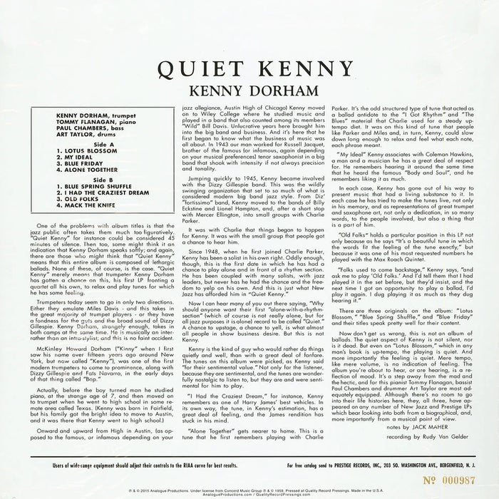 Kenny Dorham – Quiet Kenny (Analogue Productions, 180g, Stereo) LP vinyl record, image 2 of 2