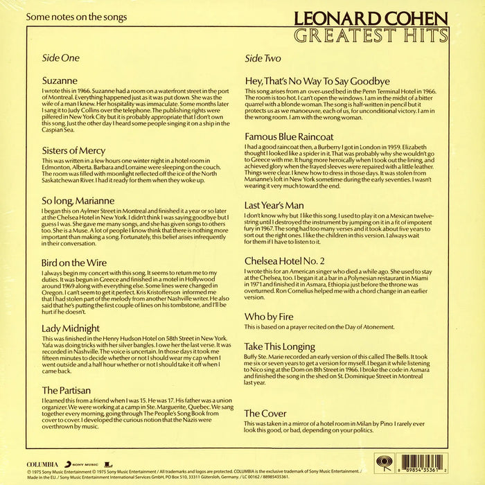 Leonard Cohen – Greatest Hits LP vinyl record, image 2 of 2