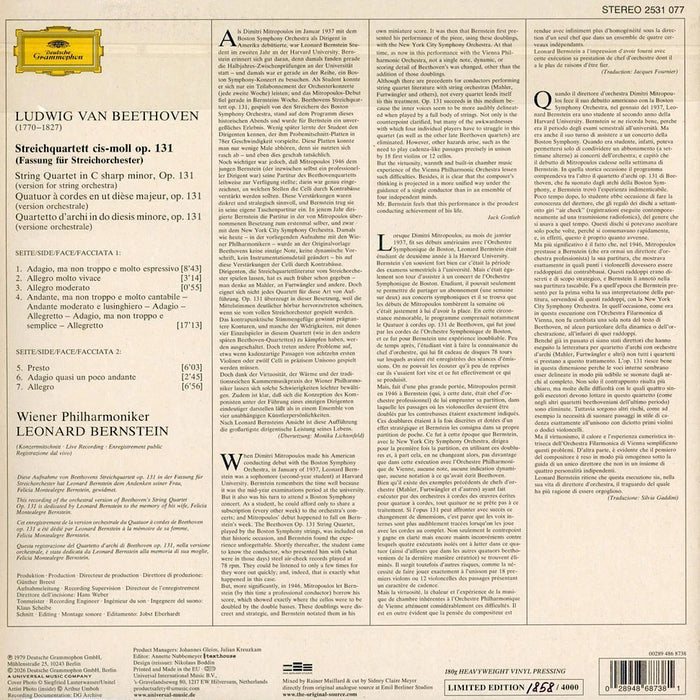 Ludwig van Beethoven, Wiener Philharmoniker, Leonard Bernstein – Streichquartett = String Quartet, Op. 131 (Original Source Series) LP vinyl record, image 3 of 4