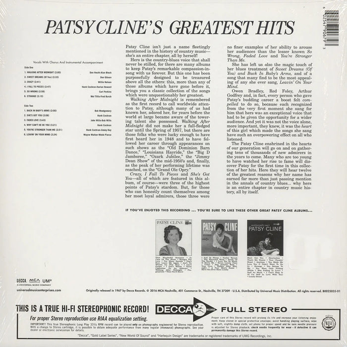 Patsy Cline – Patsy Cline's Greatest Hits LP vinyl record, image 2 of 2