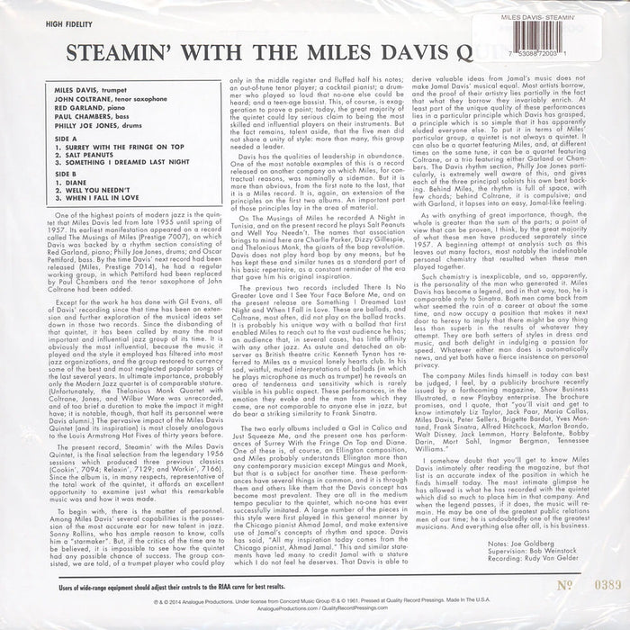 The Miles Davis Quintet – Steamin' With The Miles Davis Quintet (Mono, QRP, Analogue Productions) LP vinyl record, image 2 of 2