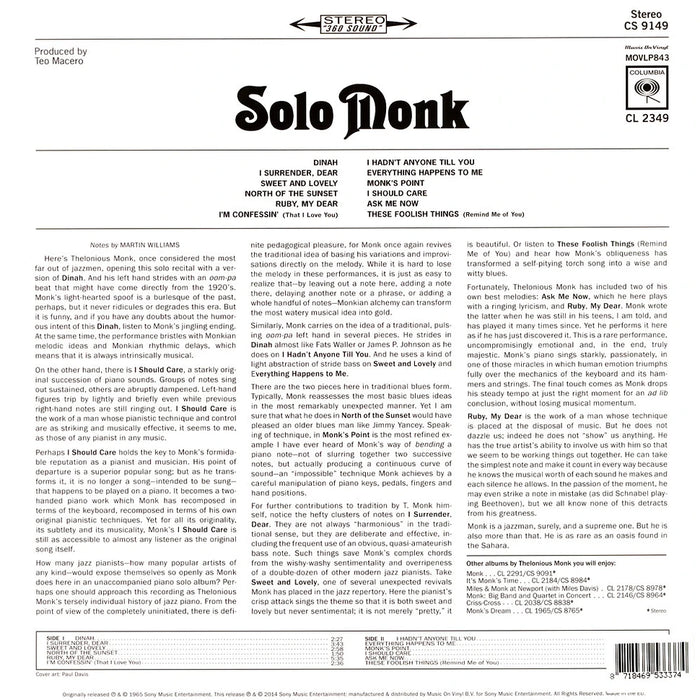 Thelonious Monk – Solo Monk LP vinyl record, image 2 of 2