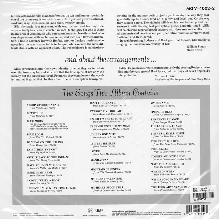 Ella Fitzgerald – Ella Fitzgerald Sings The Rodgers And Hart Song Book (2xLP, 180g, Acoustic Sounds Series, Verve) LP vinyl record, image 3 of 3
