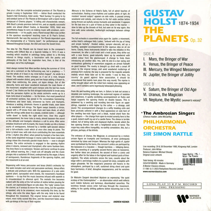 Gustav Holst, Sir Simon Rattle, Philharmonia Orchestra, The Ambrosian Singers – The Planets LP vinyl record, image 2 of 2