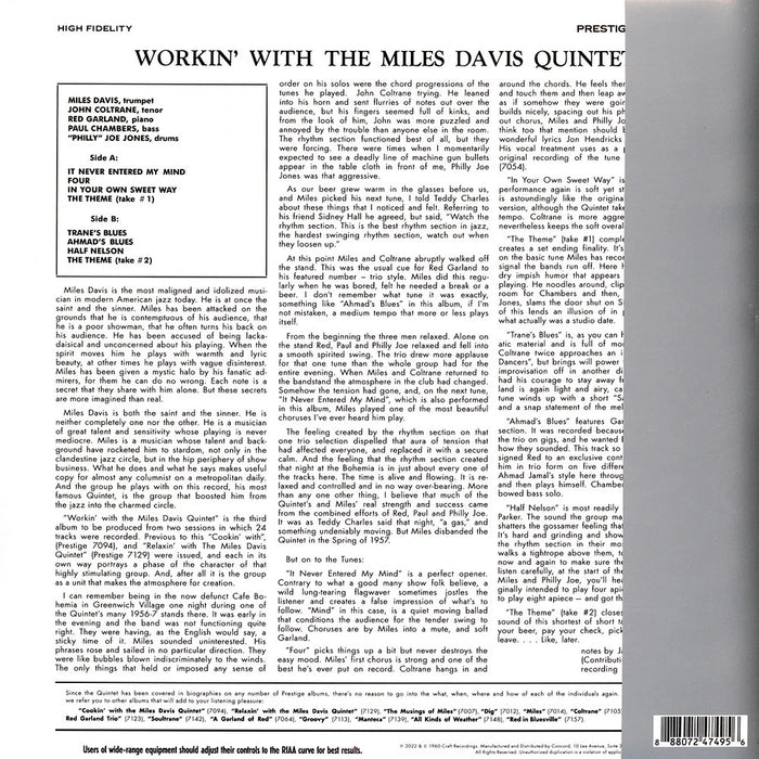 The Miles Davis Quintet – Workin’ With The Miles Davis Quintet (Original Jazz Classics Series) LP vinyl record, image 2 of 3