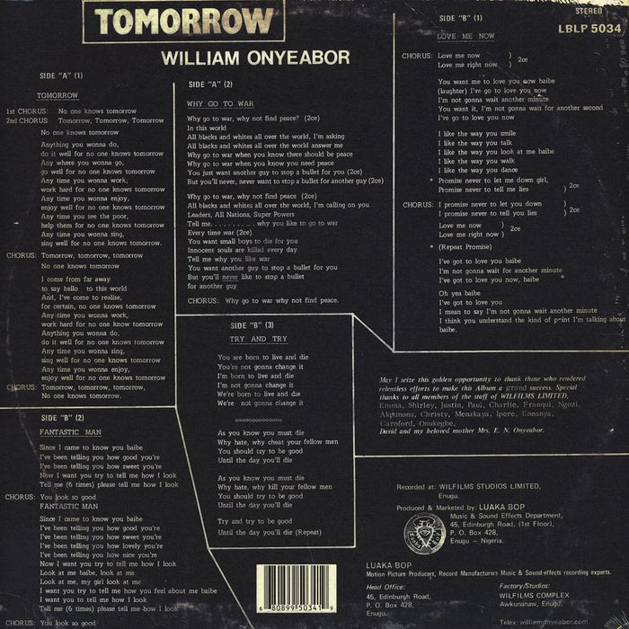 William Onyeabor – Tomorrow LP vinyl record, image 2 of 2
