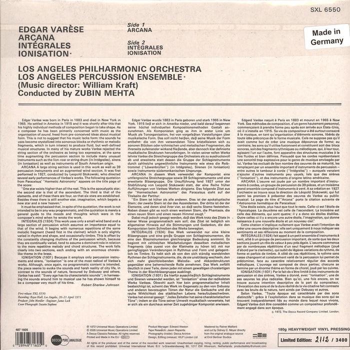 Edgard Varèse, Los Angeles Philharmonic Orchestra, Zubin Mehta – Arcana / Intégrales / Ionisation (Decca Pure Analogue,) LP vinyl record, image 3 of 3