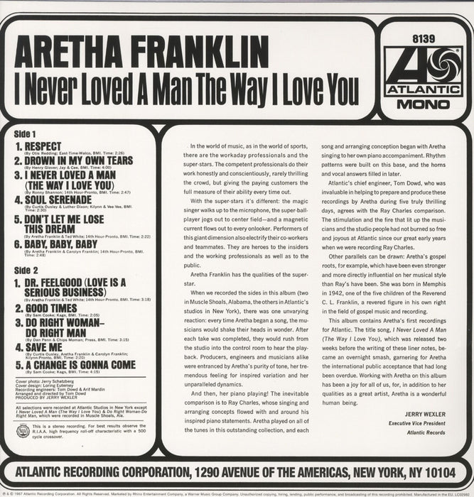 Aretha Franklin – I Never Loved A Man The Way I Love You LP vinyl record, image 2 of 2