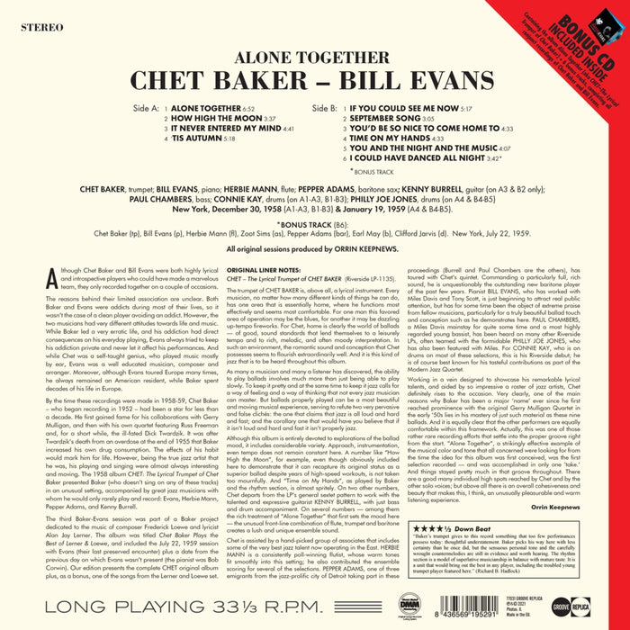 Chet Baker - Bill Evans – Alone Together LP vinyl record, image 2 of 2