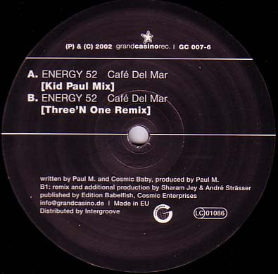 Energy 52 – Café Del Mar (Original And Three'N One Remix) 12" vinyl record, image 2 of 3
