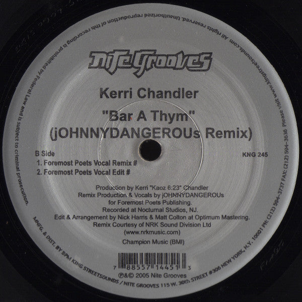 Kerri Chandler – Bar A Thym (Remixes) 12" vinyl record, image 3 of 3