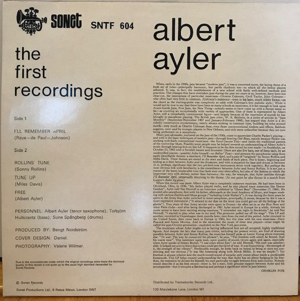 Albert Ayler – The First Recordings LP vinyl record, image 2 of 5