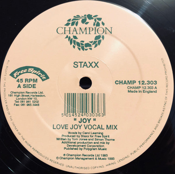 Staxx – Joy 12" vinyl record, image 3 of 4
