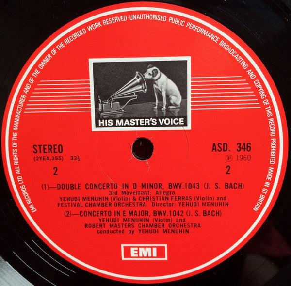 Johann Sebastian Bach, Yehudi Menuhin, Christian Ferras, Bath Festival Chamber Orchestra, Robert Masters Chamber Orchestra – Violin Concertos LP vinyl record, image 4 of 4