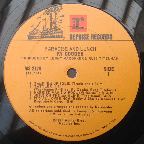 Ry Cooder – Paradise And Lunch LP vinyl record, image 3 of 4