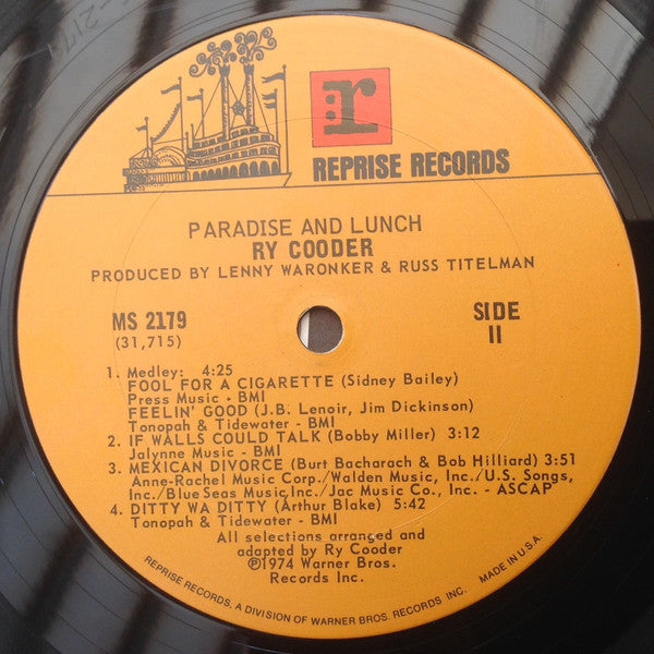 Ry Cooder – Paradise And Lunch LP vinyl record, image 4 of 4