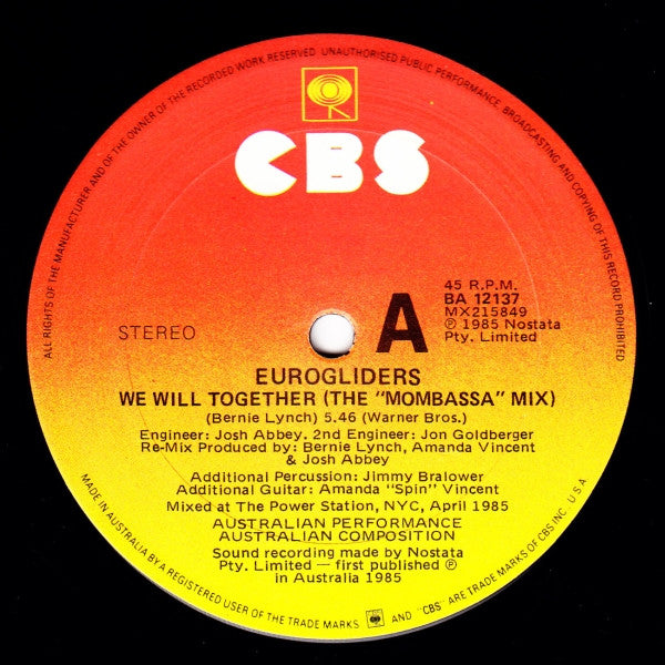 Eurogliders – We Will Together (The Mombassa Mix) 12" vinyl record, image 3 of 4