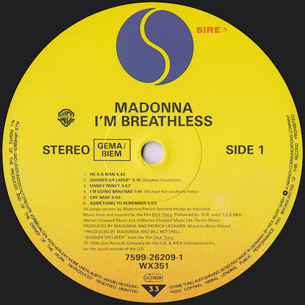 Madonna – I'm Breathless (Music From And Inspired By The Film Dick Tracy) LP vinyl record, image 3 of 10