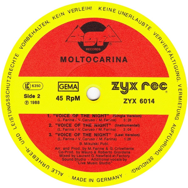 Moltocarina – Voice Of The Night 12" vinyl record, image 4 of 5