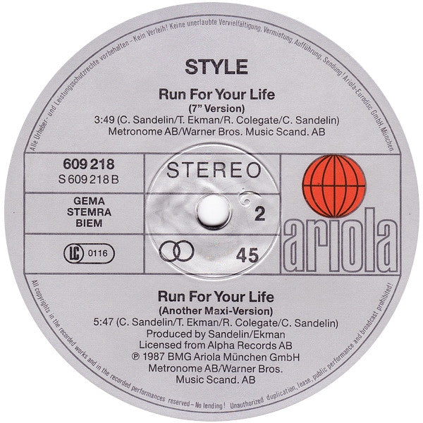 Style – Run For Your Life 12" vinyl record, image 3 of 3