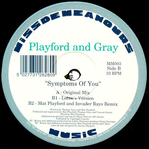 Mat Playford, Tom Gray – Symptoms Of You 12" vinyl record, image 1 of 2