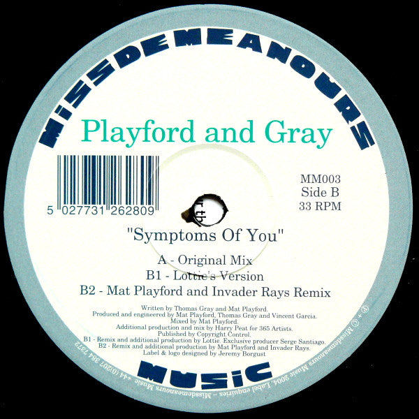 Mat Playford, Tom Gray – Symptoms Of You 12" vinyl record, image 1 of 2
