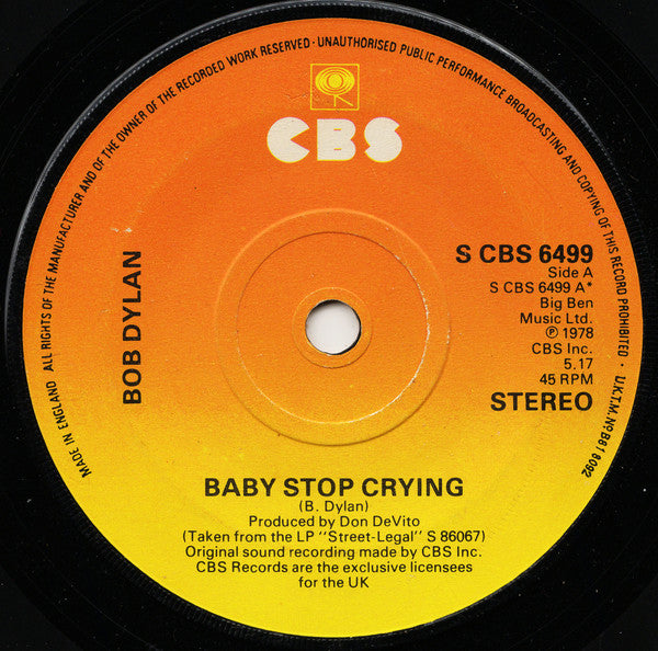 Bob Dylan – Baby Stop Crying 7" vinyl record, image 1 of 3