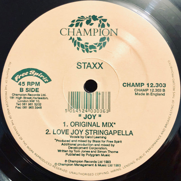 Staxx – Joy 12" vinyl record, image 4 of 4