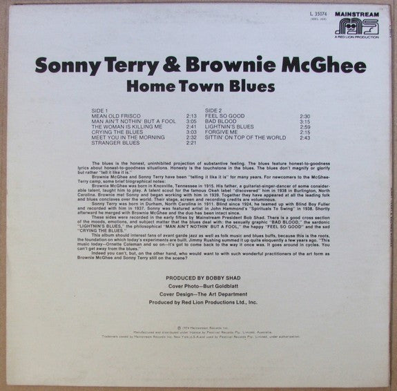 Sonny Terry & Brownie McGhee – Home Town Blues LP vinyl record, image 2 of 4