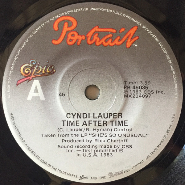 Cyndi Lauper – Time After Time 7" vinyl record, image 1 of 2