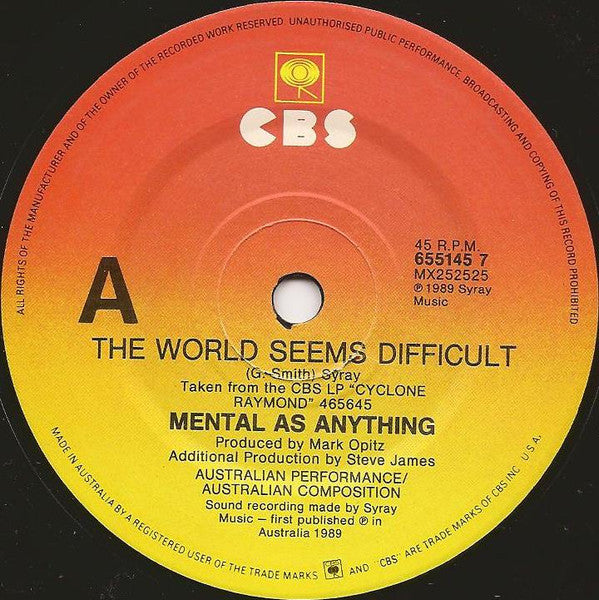 Mental As Anything – The World Seems Difficult 7" vinyl record, image 3 of 4