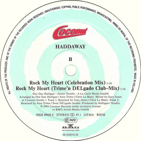 Haddaway – Rock My Heart 12" vinyl record, image 4 of 4