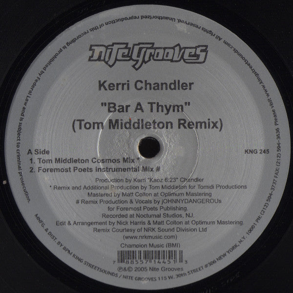 Kerri Chandler – Bar A Thym (Remixes) 12" vinyl record, image 2 of 3