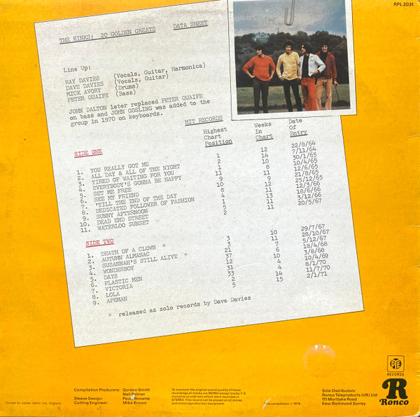 The Kinks – 20 Golden Greats LP vinyl record, image 2 of 4