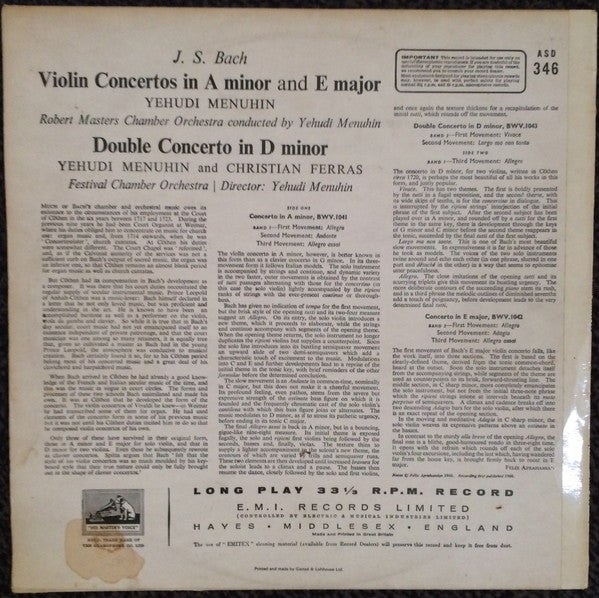 Johann Sebastian Bach, Yehudi Menuhin, Christian Ferras, Bath Festival Chamber Orchestra, Robert Masters Chamber Orchestra – Violin Concertos LP vinyl record, image 2 of 4