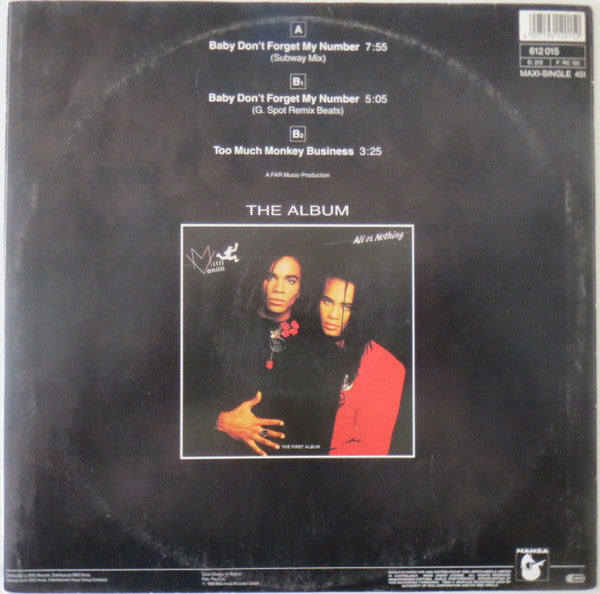 Milli Vanilli – Baby Don't Forget My Number (Subway Mix) 12" vinyl record, image 2 of 3