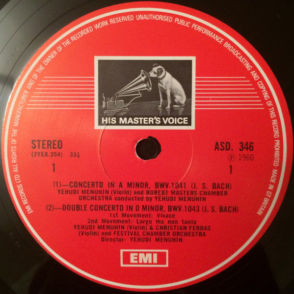 Johann Sebastian Bach, Yehudi Menuhin, Christian Ferras, Bath Festival Chamber Orchestra, Robert Masters Chamber Orchestra – Violin Concertos LP vinyl record, image 3 of 4