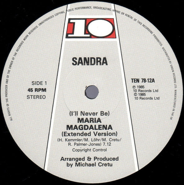 Sandra – (I'll Never Be) Maria Magdalena 12" vinyl record, image 3 of 5