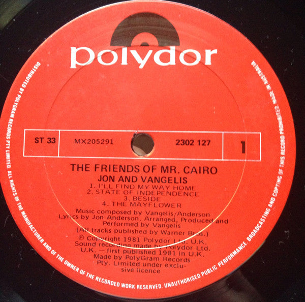 Jon & Vangelis – The Friends Of Mr. Cairo LP vinyl record, image 3 of 4