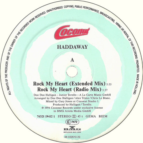 Haddaway – Rock My Heart 12" vinyl record, image 3 of 4