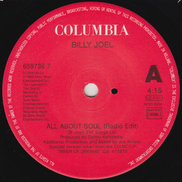 Billy Joel – All About Soul 7" vinyl record, image 3 of 4