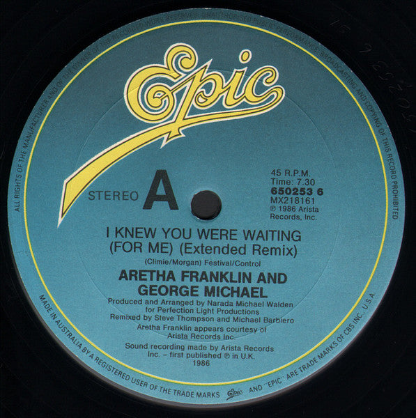 Aretha Franklin, George Michael – I Knew You Were Waiting (For Me) 12" vinyl record, image 3 of 3