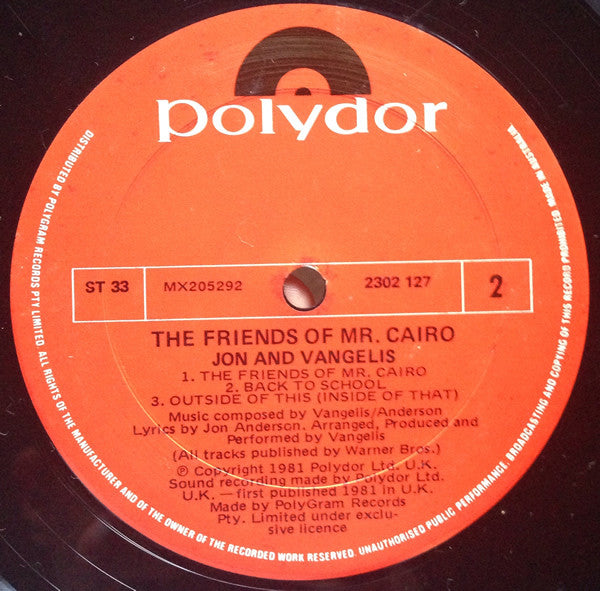 Jon & Vangelis – The Friends Of Mr. Cairo LP vinyl record, image 4 of 4