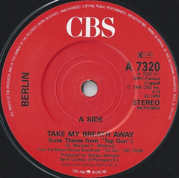 Berlin – Take My Breath Away (Love Theme From "Top Gun") 7" vinyl record, image 3 of 4