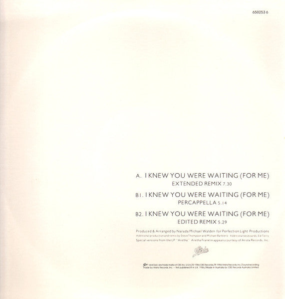 Aretha Franklin, George Michael – I Knew You Were Waiting (For Me) 12" vinyl record, image 2 of 3