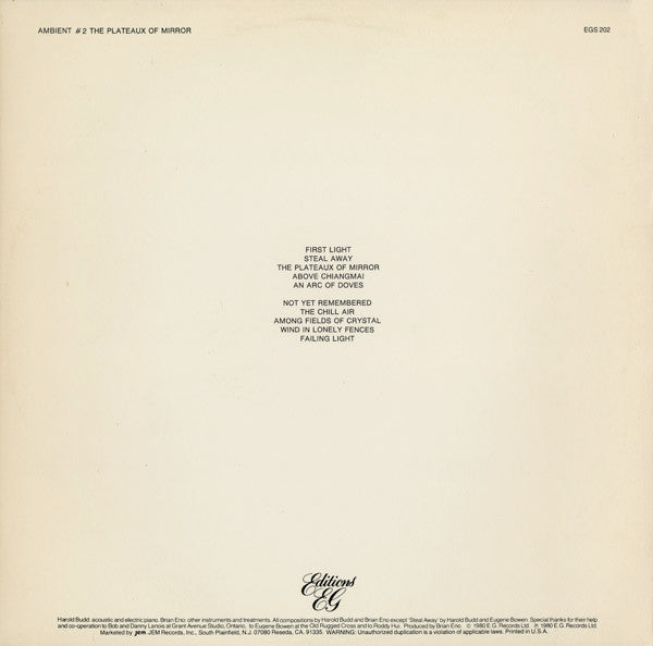 Harold Budd, Brian Eno – Ambient 2 (The Plateaux Of Mirror) LP vinyl record, image 2 of 4