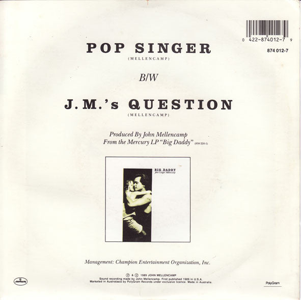John Cougar Mellencamp – Pop Singer 7" vinyl record, image 2 of 4