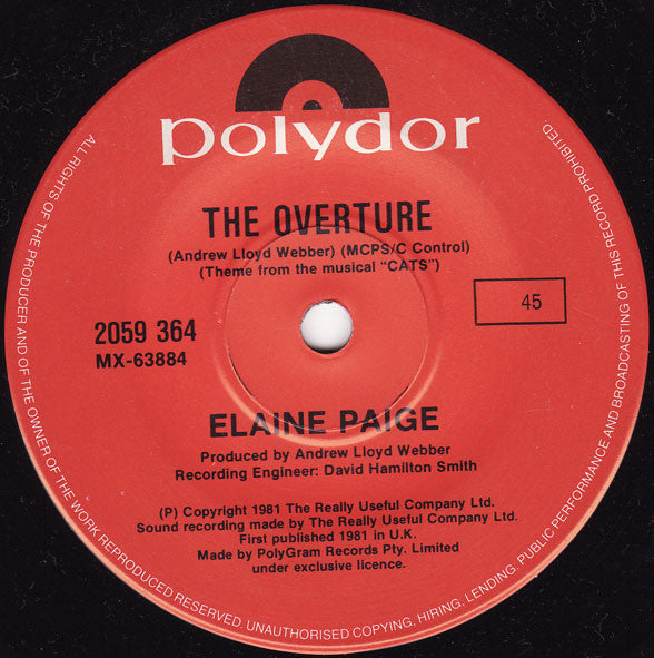 Elaine Paige – Memory 7" vinyl record, image 2 of 2
